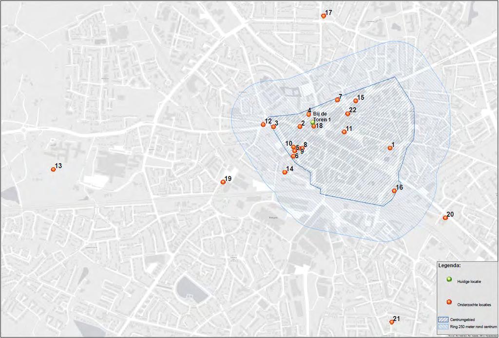 3. Locaties In onderstaande kaart is de ligging van alle onderzochte locaties te zien, ook of de locatie zich in het centrum van Hengelo bevindt. De locaties: 1. Bataafse Kamp 6 en 7 Bataafse Kamp 2.