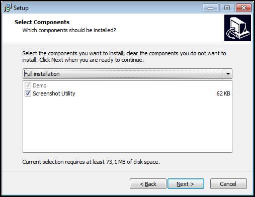 2 Software installeren ND 7000 Demo onder Microsoft Windows installeren Een type installatie selecteren De optie Screenshot Utility activeren/deactiveren Afbeelding 2: Installatiewizard met de