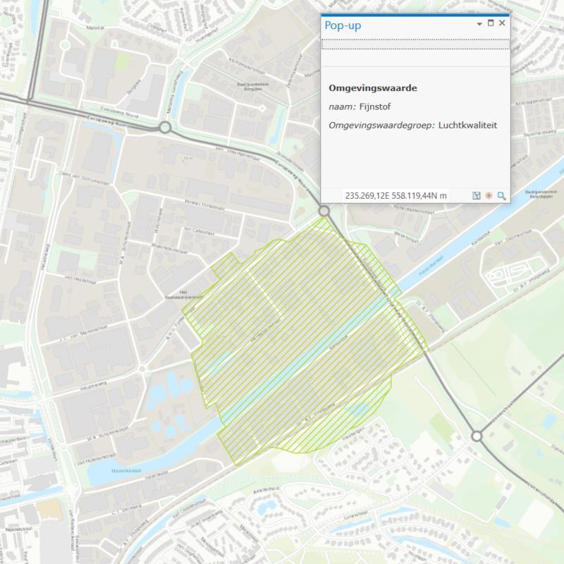 Figuur 12 Voorbeeldweergave Omgevingswaardegroep Door deze methodiek worden de werkingsgebieden van omgevingswaarden die behoren tot de Omgevingswaardegroep Luchtkwaliteit door middel van de