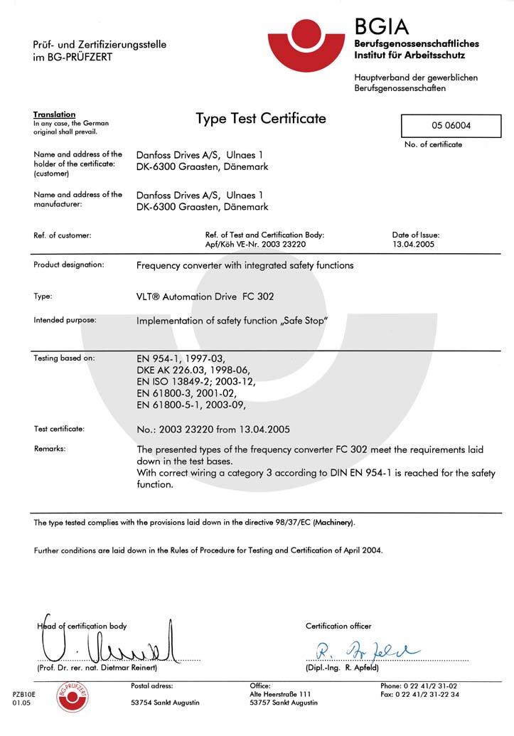 1 Veiligheid 1 130BA491 Dit certificaat geldt ook voor de FC 102 en