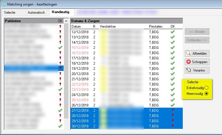 Kaartlezingen > Matching Verbetering van de automatische matching: 1 bezoek <> X lezingen Op een datum, Als er maar een bezoek is en meerdere eid chip lezingen: Alle lezingen zijn gedaan door