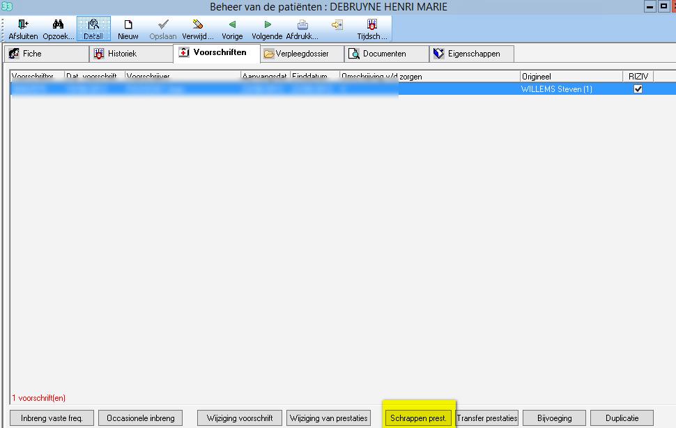 Fiche patiënt > Schrappen prestaties De knop «Onderbreking prestaties» werd vervangen door «Schrapping prestaties».