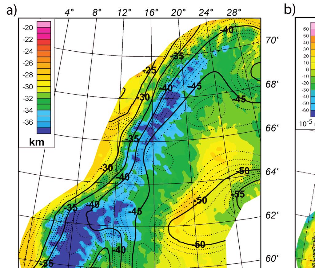 Isostatic density modelling explains the missing root of the Scandes 15 Fig.2. (a) Depth to Moho map. The coloured map shows the Airy isostatic depth to Moho and the seismic Moho after Kinck et al.
