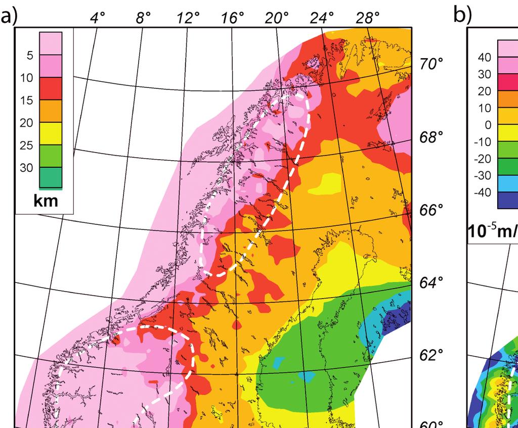 18 J. Ebbing Fig.4. (a) Thickness of high-density lower crust (LCB). The thickness of the LCB was estimated by isostatically balancing the lithosphere of the Fennoscandian shield.