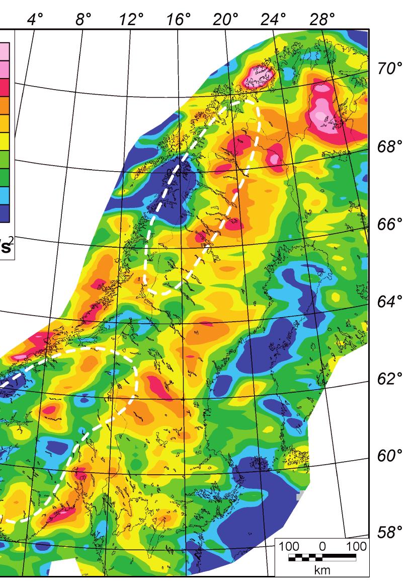 Note the large negative residuals below the northern and southern Scandes, coinciding with the centres of Neogene uplift. and (2) and the gravity effect of the lithospheric model.