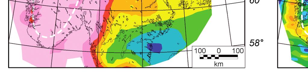 However, two regional minima are clearly visible in the residual gravity field, i.e. the Neogene uplift centres in the southern and northern Scandes.