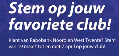 Alle klanten hebben rond 19 maart per post of per e-mail een persoonlijke stemcode toegestuurd gekregen. Let wel het gaat om de actie van en dus klanten van de Rabobank Noord West Twente.