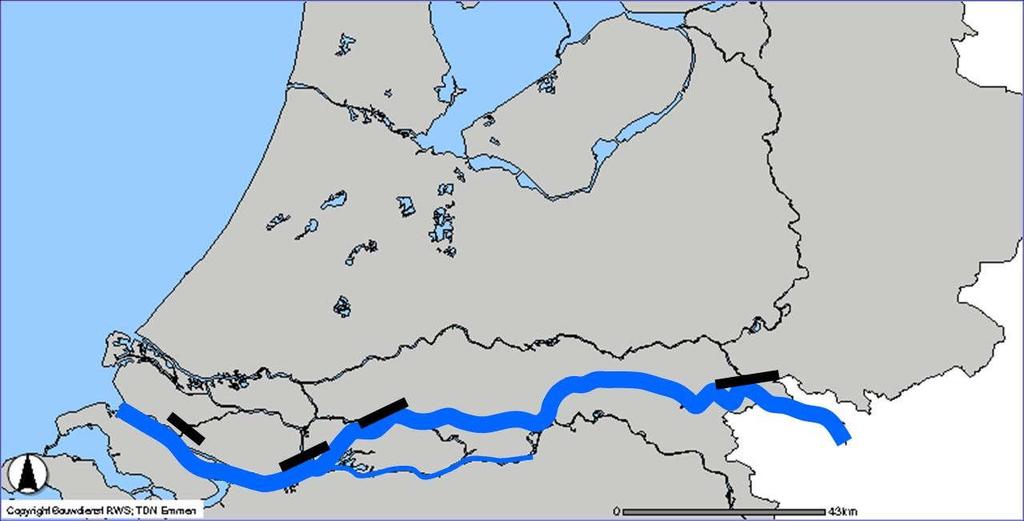 Figuur 1: Watersnelweg Waal met keringen in Spui, Dordtse Kil en