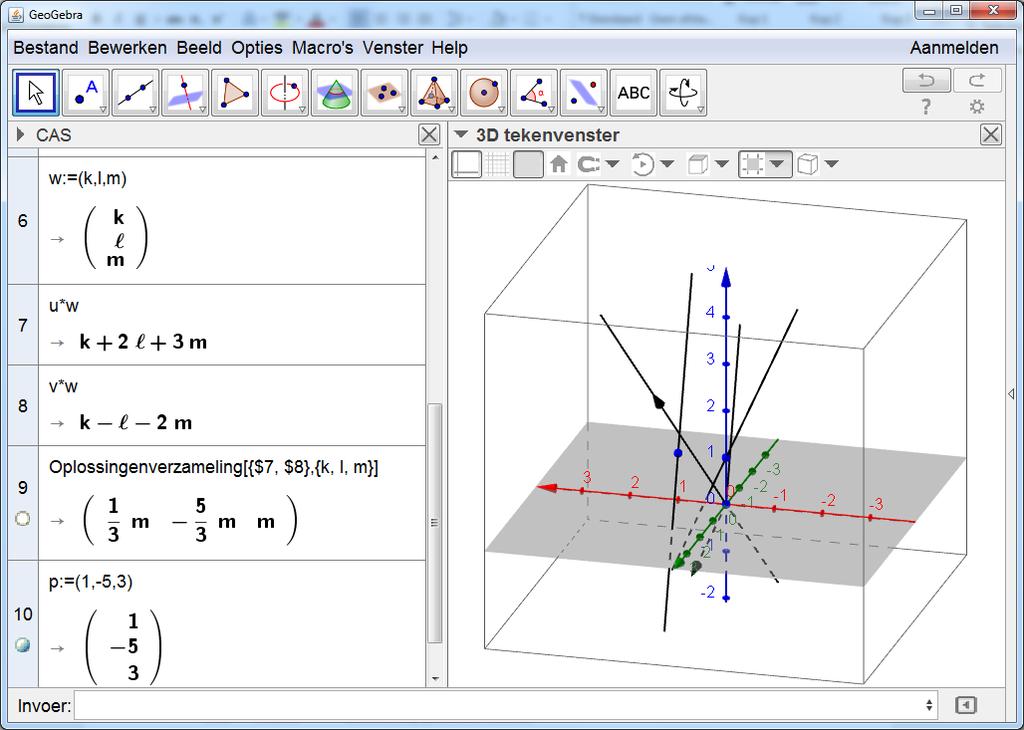 Uiteindelijk geven we het comando: s = rechte[a,p] in, in het invoervenster beneden. Laat nadien het 3D-venster draaien en bemerk visueel dat s loodrecht staat op e en f 8.