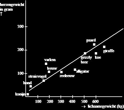 Hersengewicht In de figuur hiernaast zie je het hersengewicht (H, in gram) van een aantal diersoorten als functie van hun lichaamsgewicht (L, in kg).