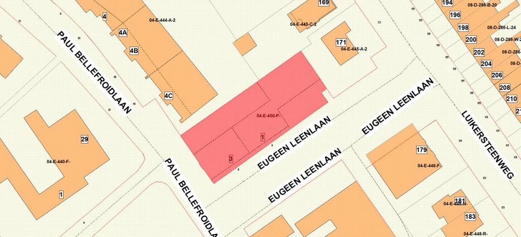 pagina 4 van 9 A. LIGGING VAN HET TERREIN Uittreksel uit het plannenregister Kadastrale nummers: 04-E-450-P- Ligging: EUGEEN LEENLAAN 3 3500 HASSELT B. INFORMATIE OPGENOMEN IN HET PLANNENREGISTER B.