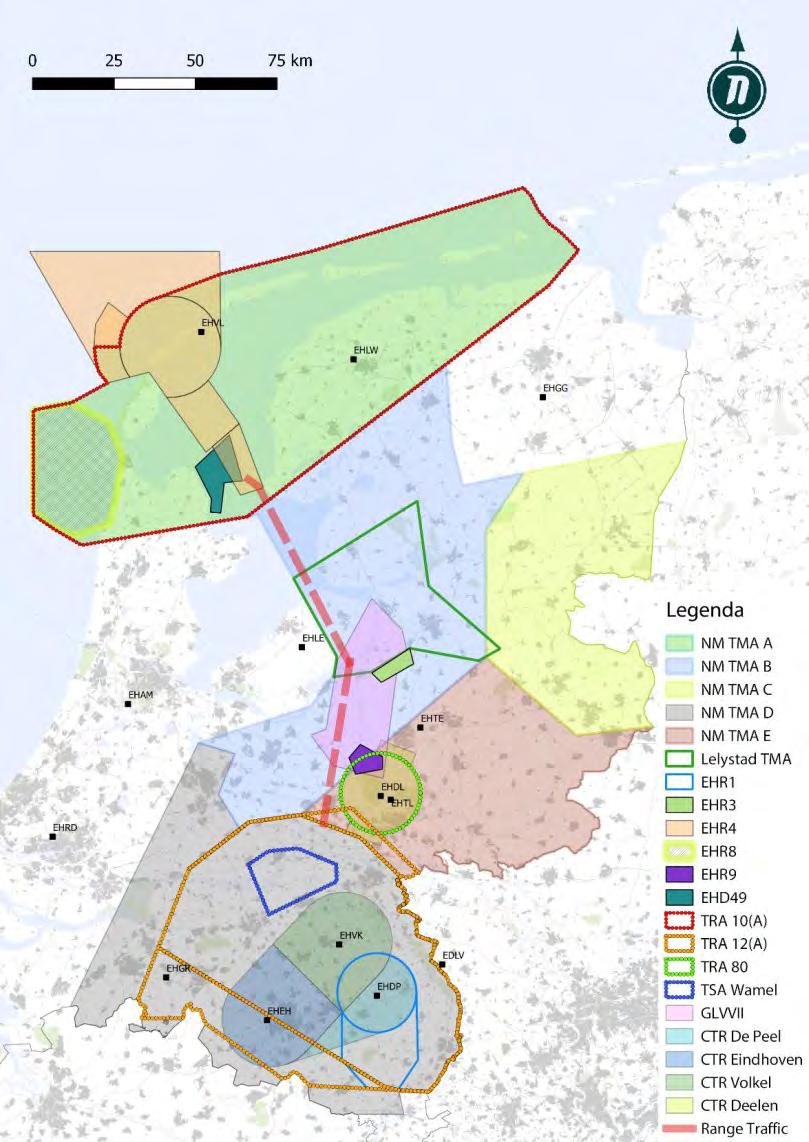 BIJLAGE: Kaart militair gecontroleerd luchtruim irt Lelystad TMA De NM TMA s A t/m E zijn de gebieden in Nederland waar Defensie (CLSK) het vliegverkeer afhandelt.
