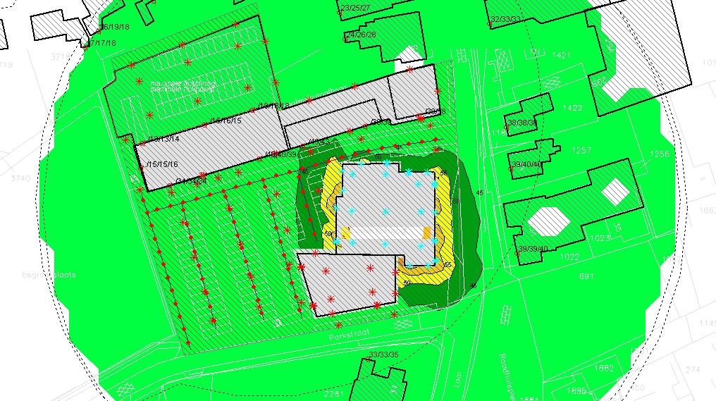 Akoestische situatie nieuwe bestemmingsplanvlakken Bijlage D Figuur D2b. Contouren L Ar,LT bij aangehouden bedrijfssituatie bestaande Nesterlé-gebouw Figuur D2c.