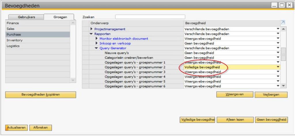 Query bevoegdheidsgroepen Beheer => Systeeminitialisatie => Bevoegdheden => Algemene