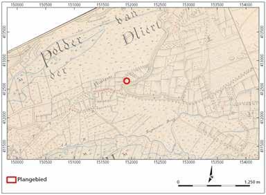 Figuur 2.6 Indicatieve ligging van het plangebied op een uitsnede van een kaart uit 1740 (Le Fèvre & Draack 1740).