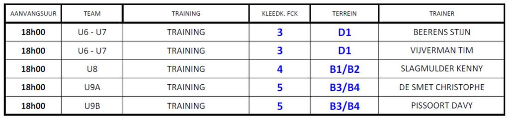 WOENSDAG 28 NOVEMBER 2018: TRAININGEN ONDERBOUW: TRAININGEN