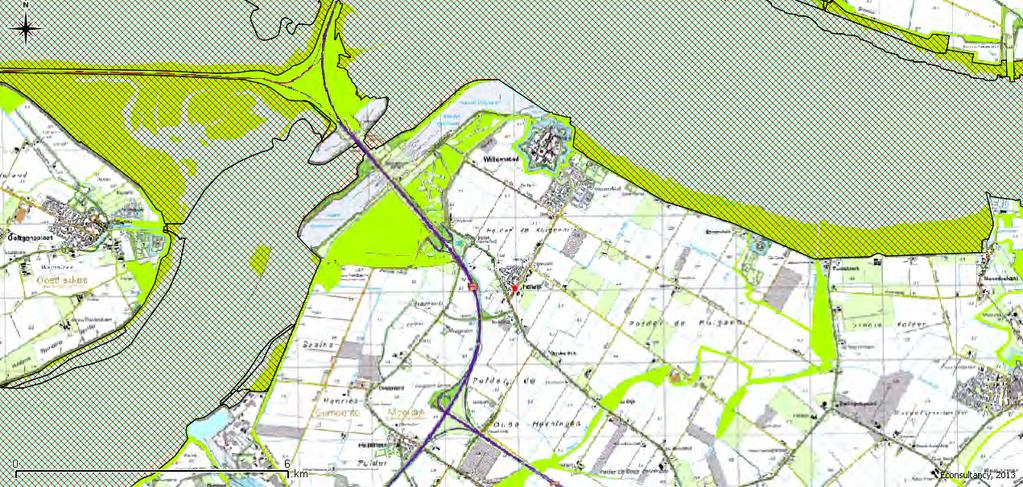 Figuur 6. Ligging onderzoekslocatie ten opzichte van de EHS (groen)/natura 20