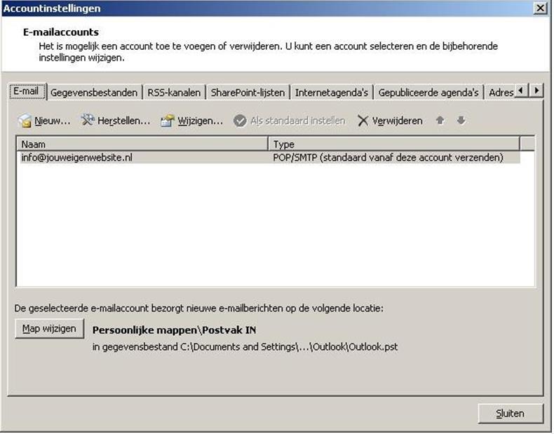 ext in (vervang uwdomeinnaam door uw eigen domeinnaam) - Bij Server voor uitgaande e-mail (STMP) vult ext weer in - Bij gebruikersnaam vult u uw e-mailadres in welke u bij ons heeft aangemaakt - Bij