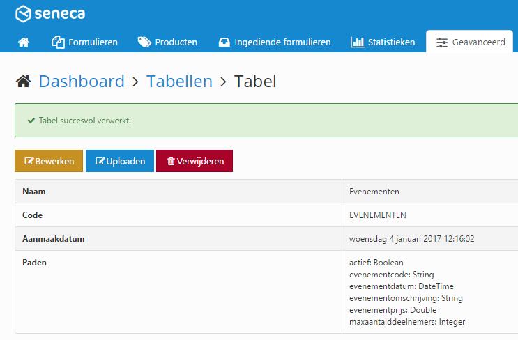 Uiteraard kunnen gemaakte tabeldefinities ook verwijder worden: In dat geval wordt zowel de al ingeladen data als de tabeldefinitie zelf verwijderd. Via kan je de naam en code van de tabel herzien.