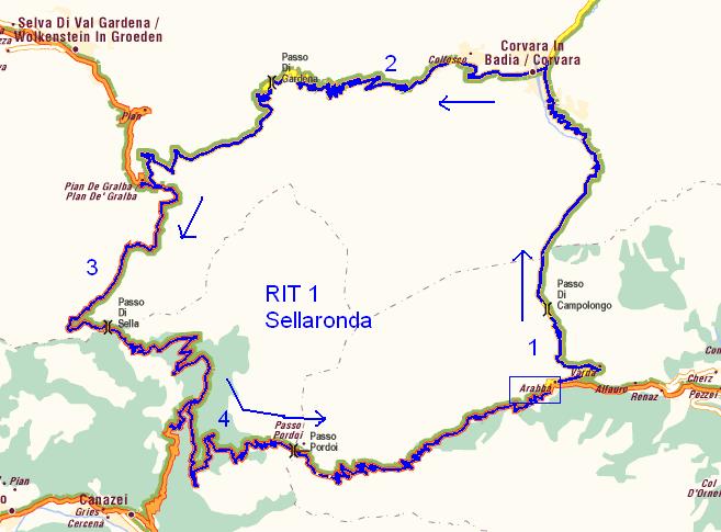 Rit 1 - Dinsdag 27/05 : Sellaronda Vanuit Arabba nemen we de Passo di Campolongo zuidkant (4 km/1875m) en dalen naar Corvara. Splitsing links nemen S243 met klim naar de Passo Gardena (10km/2121m).