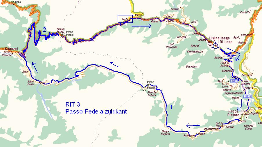 Rit 3 Donderdag 29/05 : Passo Fedeia zuidkant Vanuit Arabba de R48 nemen richting Livinallongo, Pieve di Livinallongo tot na het dorp Salesei (9km), links afslaan P563 richting Digonera.