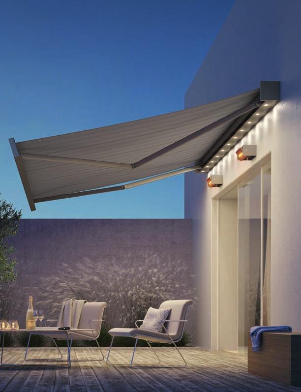 Sfeervol licht en krachtige warmte Uw opties voor meer comfort: breng aangename terrasavonden door onder traploos dimbare en in de zonneschermcassette