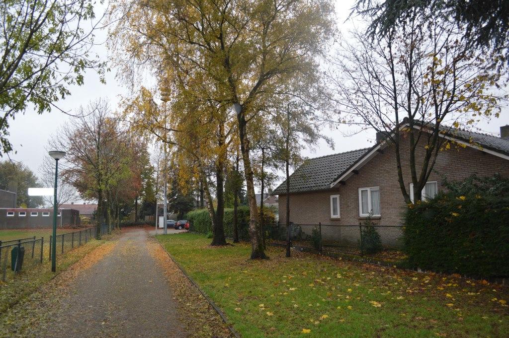 Geheel links de erfgrens van het perceel waar de te slopen op is gesitueerd. De te slopen bungalow langs de Eggerlaan.