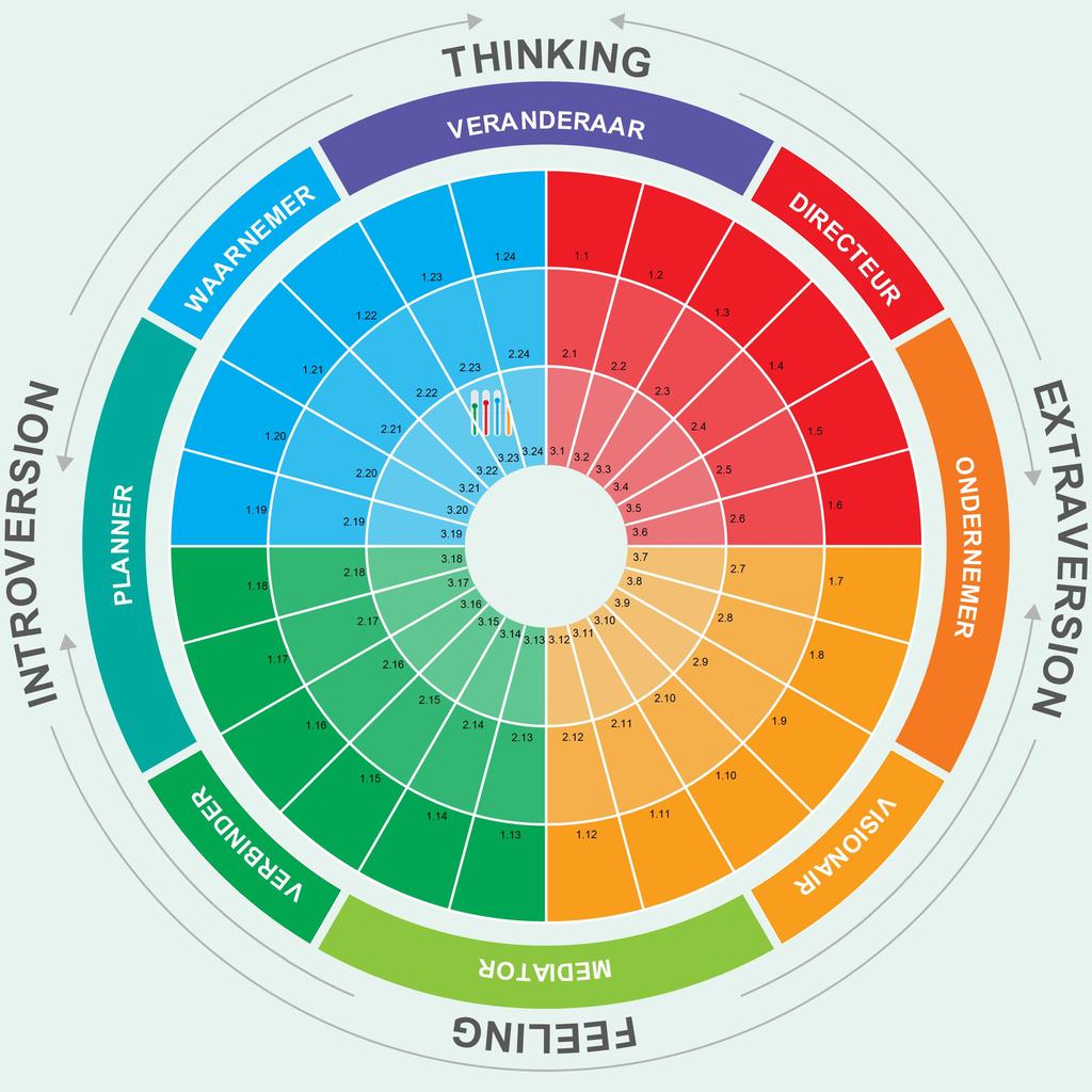 13 The Bridge Colour Door de Jung voorkeuren Thinking en Feeling te verbinden met de Jung voorkeuren Extraversion en Introversion ontstaan acht voorkeurstypen in het kleurenwiel.