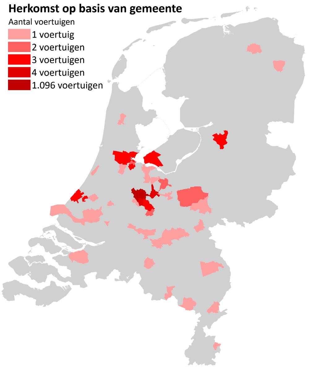 Figuur 6 Herkomst alle voertuigen naar gemeenten In bovenstaande figuur is de spreiding van de herkomst van alle kentekens naar gemeente te zien.