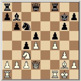 0-0 9. Dd2, Lb7 10. Lh6, d5 11. Lxg7, Kxg7 12. exd5, Pxd5 13. Pxd5. exd5 14. f4, f5 15. d4, c4 16. Pc3 De stellingen zijn betrokken. Het spel concentreert zich nu rond pion d5.