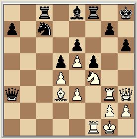 Tb1, Td8 Er zijn nogal wat planken, die mis kunnen worden geslagen! Hier weer eentje! Zwart had hier: 13, Dc3+ 14. Kd1, Ld7 (dreigt mat!) 15. b5, Lf5 (een weglokkertje) 16. Dxf5, Td8+ 17.