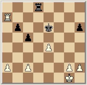 La2, Tg5 29. g4, hxg3 e.p. 30. f7+, Kf8 31. e7+, Kxe7 32. f8d+, Txf8 33. Txf8, g2! 34. T1f2, Tg3 35. Tg8, Pf3+ 36. Txf3, Txf3 37. Tg7+, Kd8 38. Txg2, Txc3+ en Zwart trekt aan het langste eind.