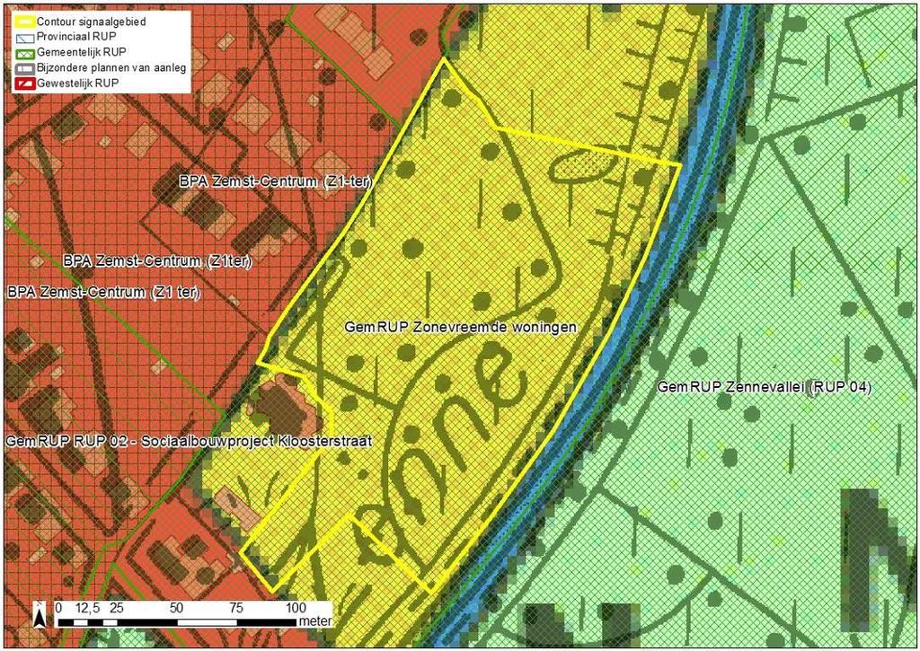 Figuur: situering signaalgebied op gewestplan met aanduiding van goedgekeurde BPA s en RUP s en weergave van de bebouwingstoestand volgens het Grootschalig Referentiebestand GRB.