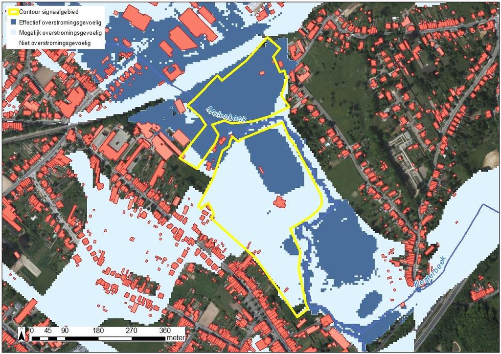 Figuur: watertoetskaart van het signaalgebied op recente orthofoto (medio 2015) met aanduiding van de overstromingsgevoelige gebieden (lichtblauw = mogelijk overstromingsgevoelig; donkerblauw =