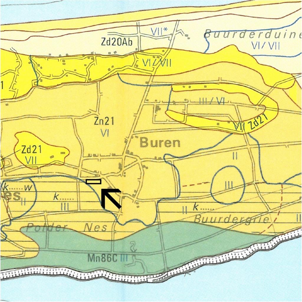 Figuur 4: Buren, Pastoor Scholtenweg: bodemkaart waarop het plangebied met een zwarte rechthoek is aangegeven. In geel zijn de vlakvaaggronden (Zn21) en de duinvaaggronden (Zd21) aangegeven.