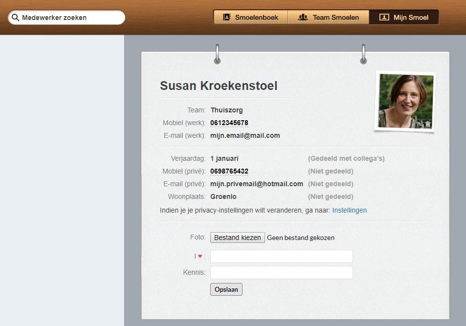 Onderdeel 'Mijn smoel': Eigen instellingen aanpassen Op deze pagina zijn diverse persoonlijke en contactgegevens van de medewerker zelf te zien.