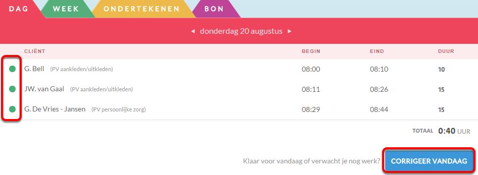 Uren corrigeren nadat de dienst is afgelopen Op de dagstaat is te zien aan welke cliënten zorg is geleverd middels de groene bolletjes. Indien deze groen zijn, zijn ze (volgens de planning) voltooid.