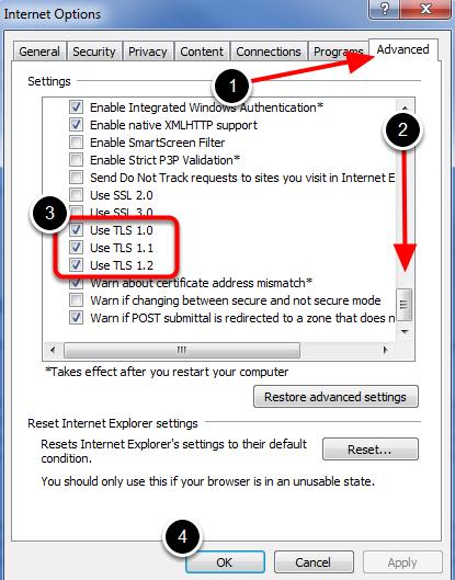 1. Klik op het tabblad Advanced (geavanceerd) 2. Scroll naar beneden. 3. Selecteer de vinkjes voor alle zichtbare TLS-opties, in dit voorbeeld TLS 1.0, 1.