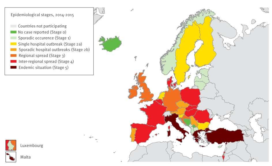 Surveillance: CPE in Europa 2015 Ref : Albiger B, Glasner C, Struelens M, Grundmann H, Monnet D, the European Survey of Carbapenemase-Producing Enterobacteriaceae