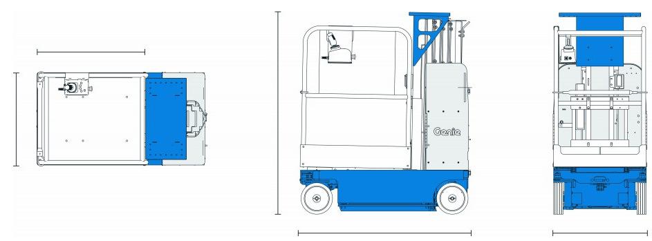 L / B / H 1,35 x 0,75 x 1,57 m Capaciteit 227 kg maximale belasting platform 113 kg Personen 1 Gewicht 717 kg grondspeling 6 cm 4 km /h 55,- per dag 110,- per week 380,- per maand *Verrijdbaar