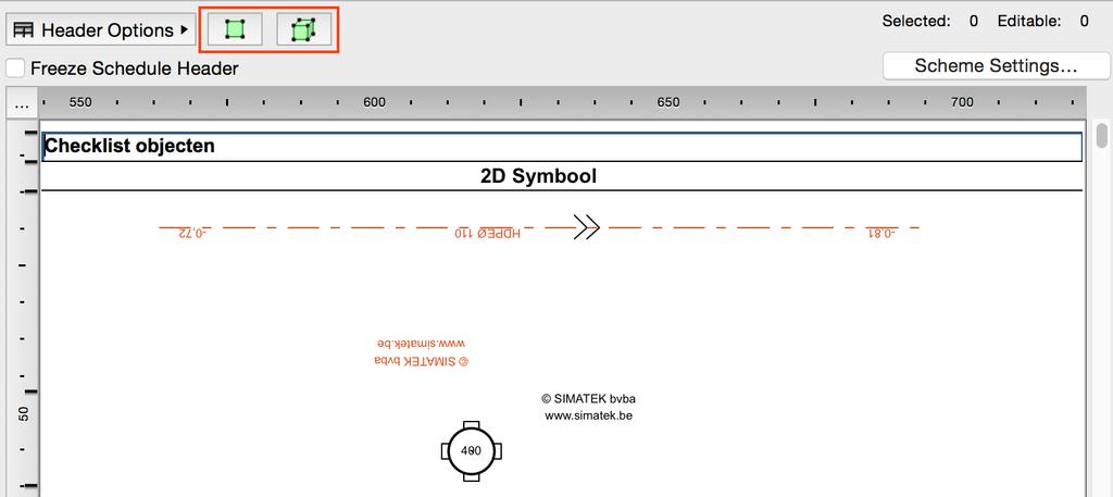 Dit schedule geeft een overzicht van alle geplaatste objecten. Aan hun 2D symbool is nu duidelijk te zien welke objecten zijn voorzien van de Simatek stempel.