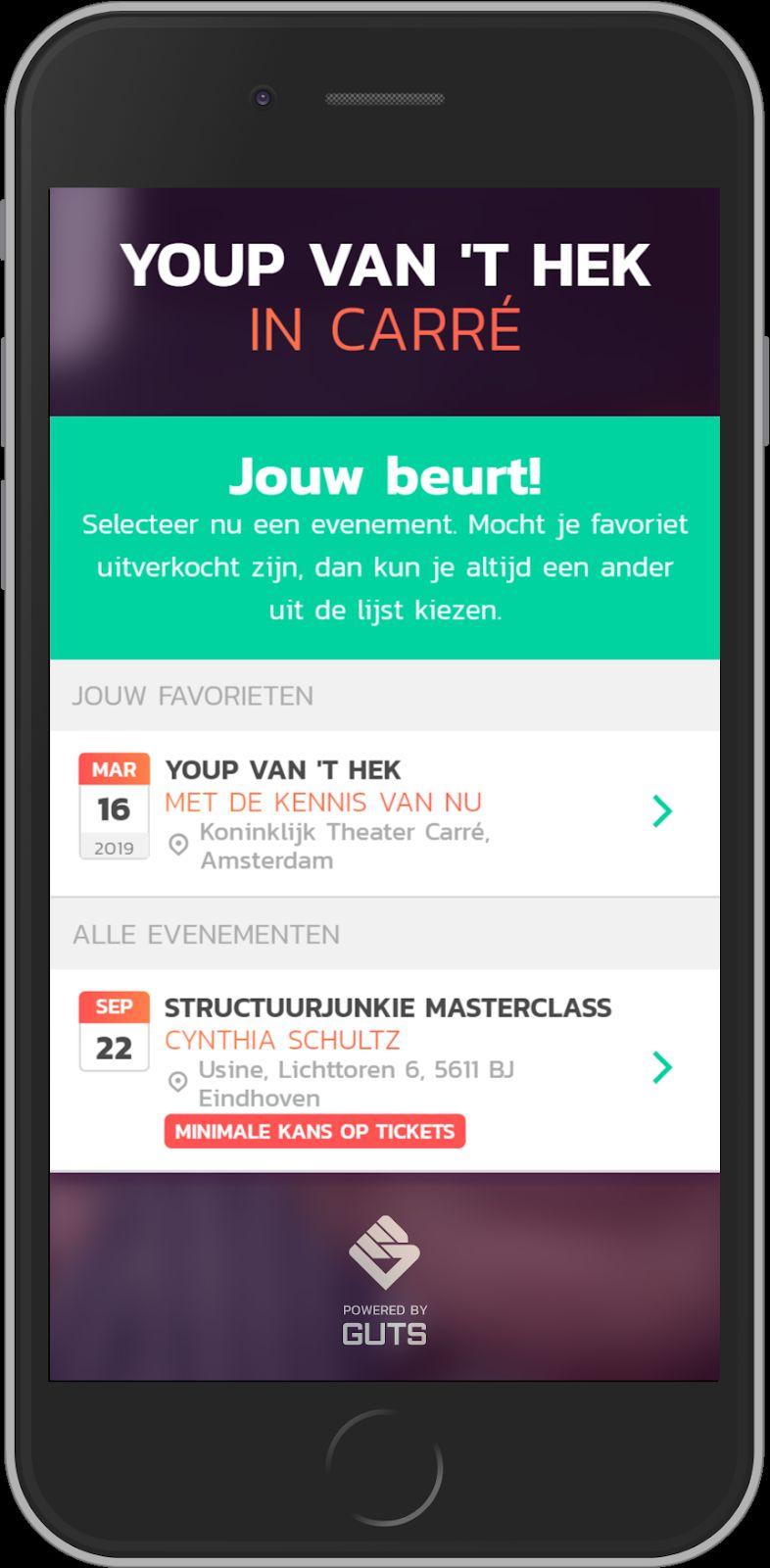 - Via de knop Bekijk alle evenementen kan de klant zien welke evenementen er allemaal in de verkoop