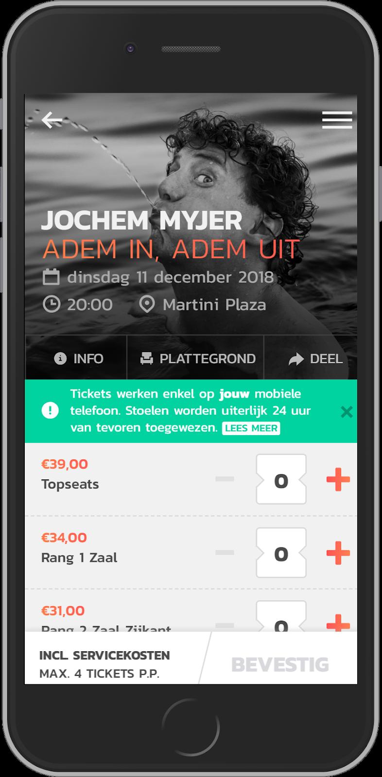 Tickets kopen: - Klanten kiezen kaarten in een sectie.