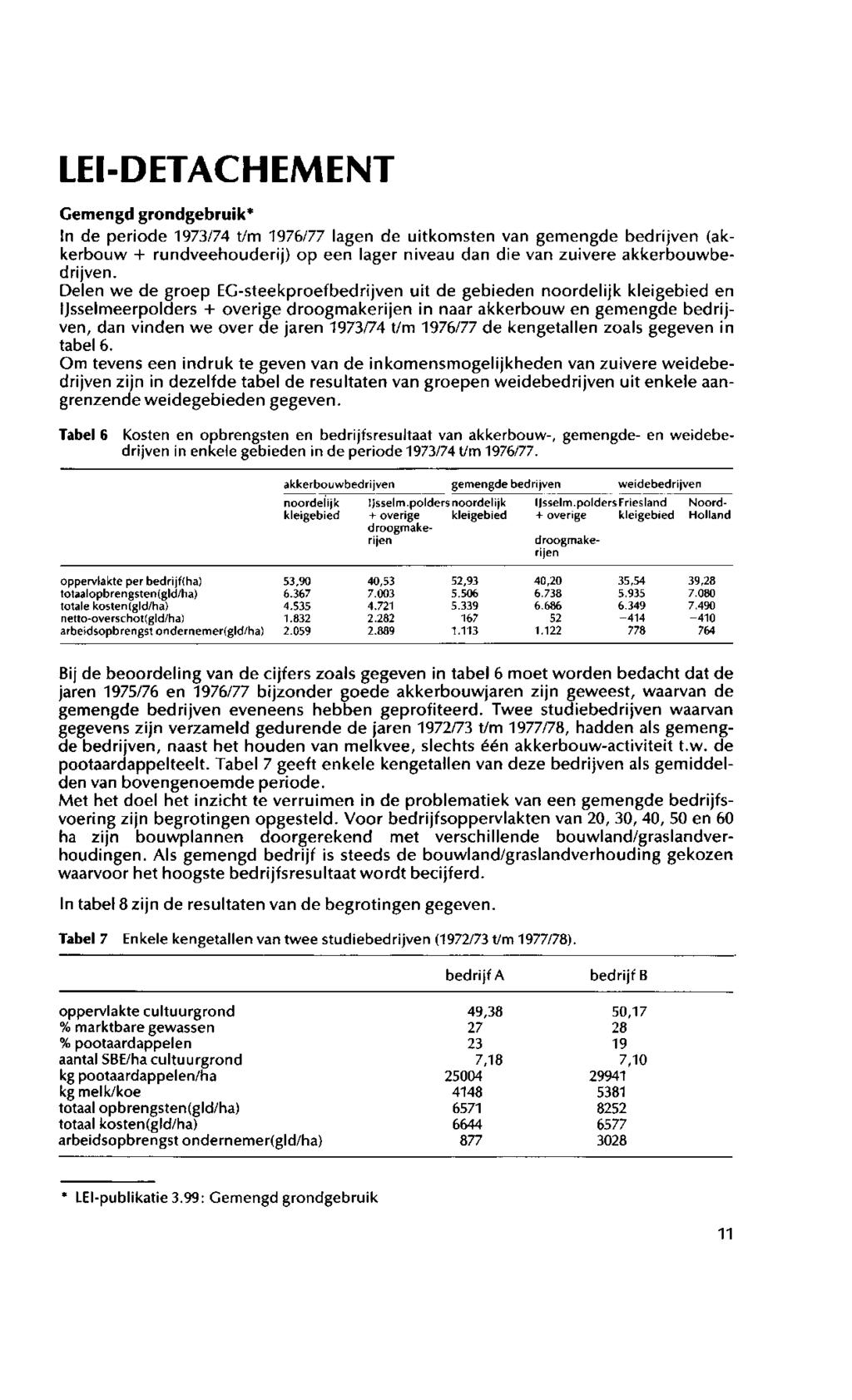 LEI-DETACHEMENT Gemengd grondgebruik* In de periode 1973/74 t/m 1976/77 lagen de uitkomsten van gemengde bedrijven (akkerbouw + rundveehouderij) op een lager niveau dan die van zuivere