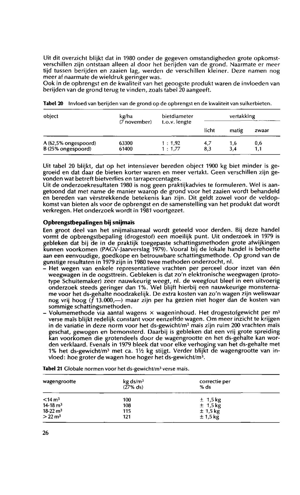 Uit dit overzicht blijkt dat in 1980 onder de gegeven omstandigheden grote opkomstverschillen zijn ontstaan alleen al door het berijden van de grond.