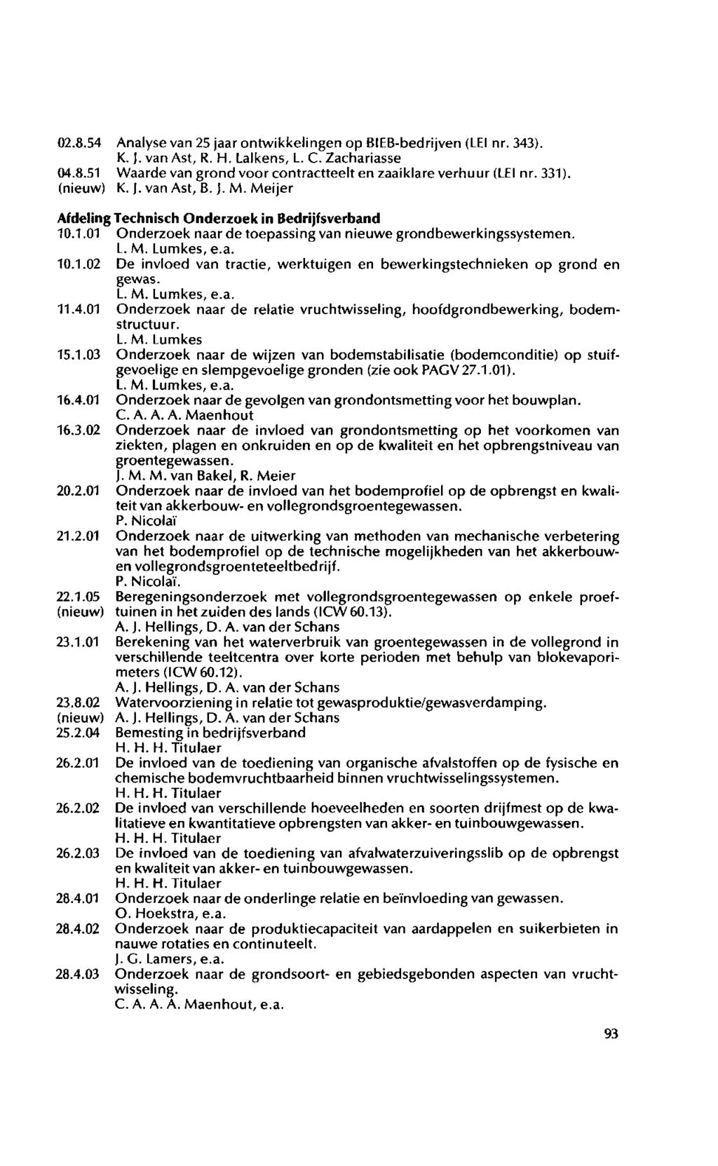 02.8.54 Analyse van 25 jaar ontwikkelingen op BIEB-bedrijven (LEI nr. 343). K. J. van Ast, R. H. Lalkens, L. C. Zachariasse 04.8.51 Waarde van grond voor contractteelt en zaaiklare verhuur (LEI nr.