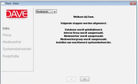 Het volgende venster verschijnt: In het Dave - Intro -venster klikt u op de knop >> om verder te gaan en het volgende venster