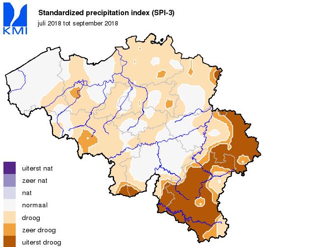 Geografische verdeling van de droogte index De genormaliseerde neerslagindex (SPI) laat toe om perioden van droogte te karakteriseren op basis van observaties van neerslag.