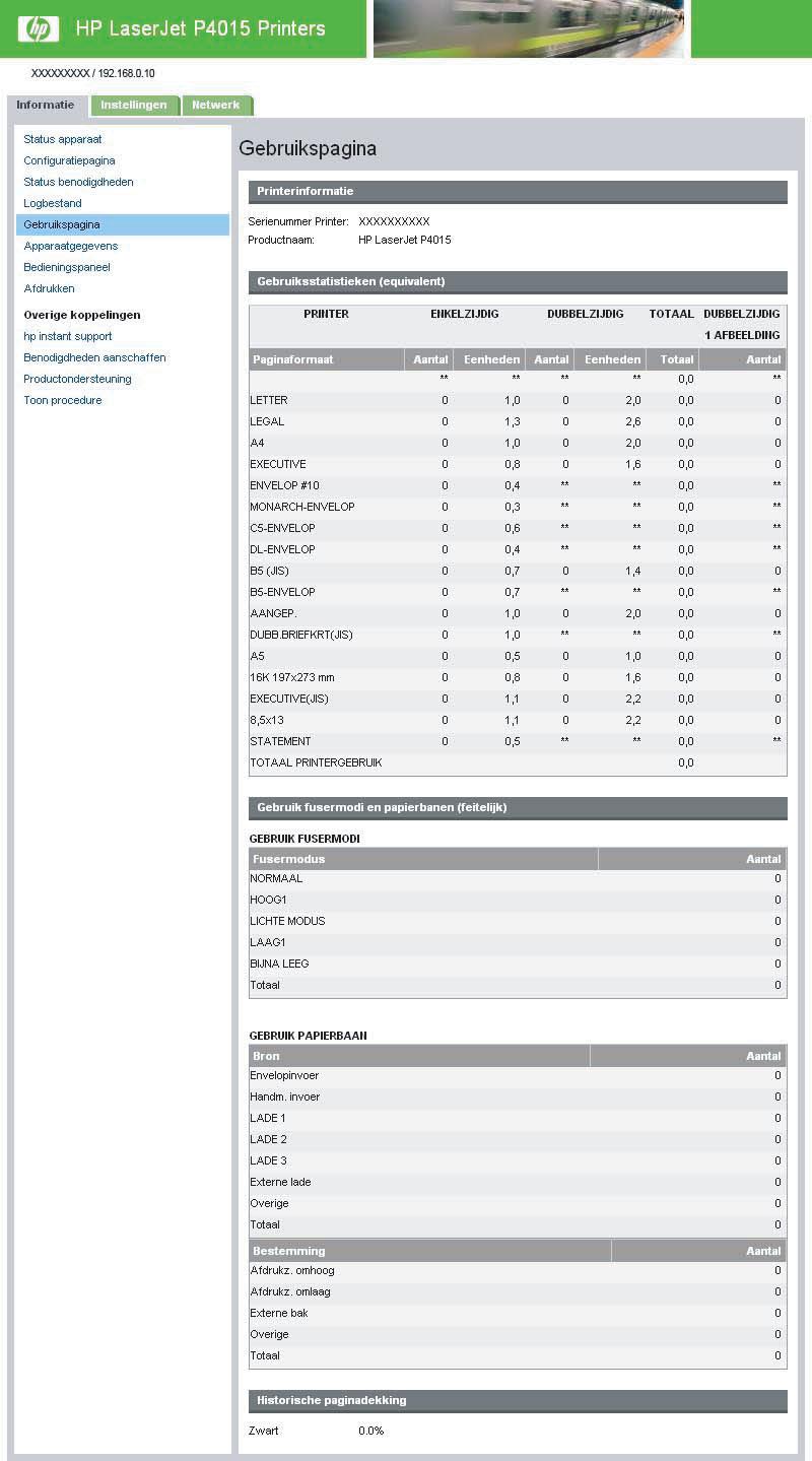 De informatie op dit scherm kan worden gebruikt om vast te stellen hoeveel toner of papier in voorraad moet blijven.