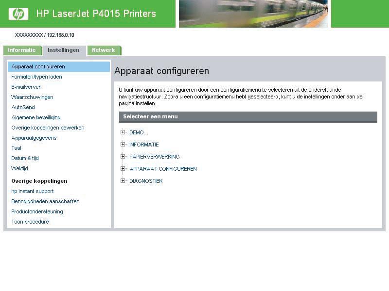 Apparaat configureren U kunt het scherm Apparaat configureren gebruiken om de pagina's met apparaatgegevens af te drukken en om het apparaat op afstand te configureren.